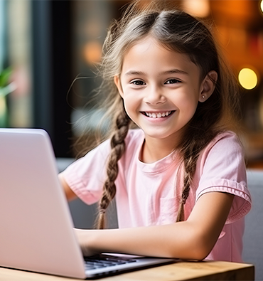 girl in a pink shirt with braids sitting in front of a laptop