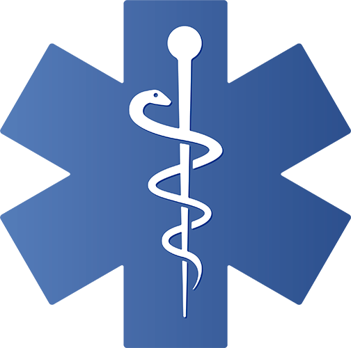 White aesculapian staff on blue cross