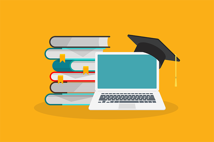 drawing of books and laptop